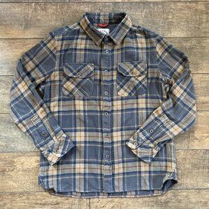 Iron & Resin Men's Button Gray/Tan/Navy Plaid Flannel Shirt - size Medium